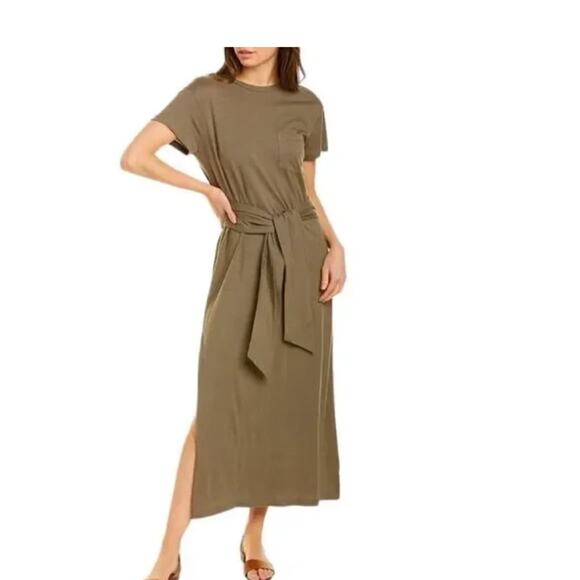 Monrow Pocket Tee Maxi Dress Tie Waist Camel Tan Shirt Dress High Slit Womens S - Picture 7 of 8